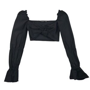 PrettyLittleThing Black Crop Top Tie Front Bow Puff Sleeve Party Clubwear Size 2